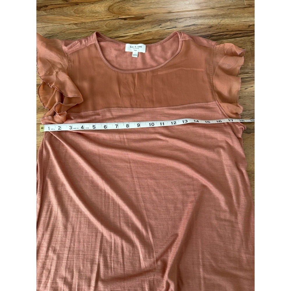 Kim & Cami Terracotta Flutter Sleeve Top Sheer Mesh Yoke Blouse Size Large - Picture 7 of 8